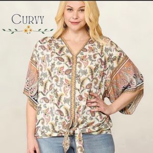 Plus Size Cassie Boho Paisley Print Front Tie Top